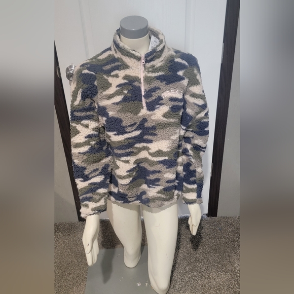 Grayson Threads Jackets & Blazers - Blue and Green Zip Up Sweater with Camouflage Pattern